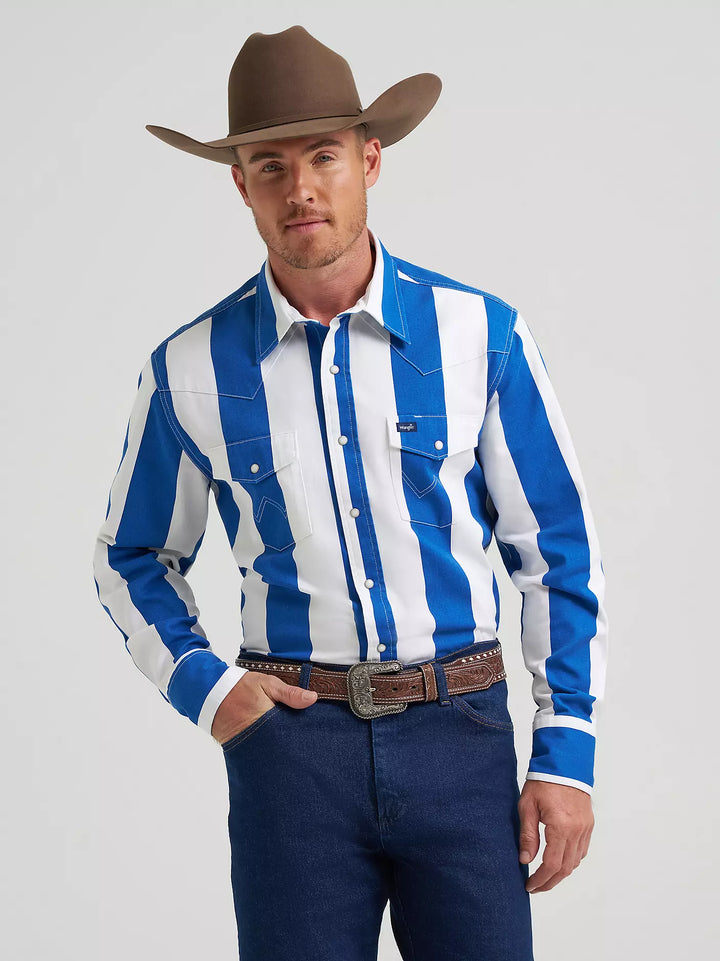 Wrangler | Vintage Brushpopper Big Blue Stripe Western LS Shirt