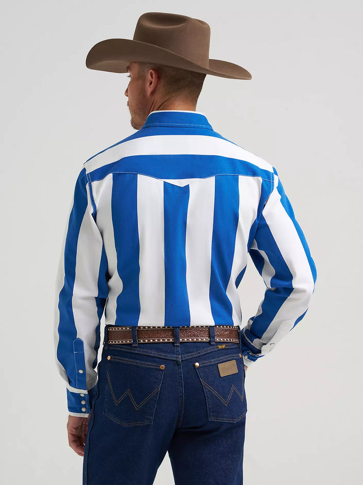 Wrangler | Vintage Brushpopper Big Blue Stripe Western LS Shirt | Back View