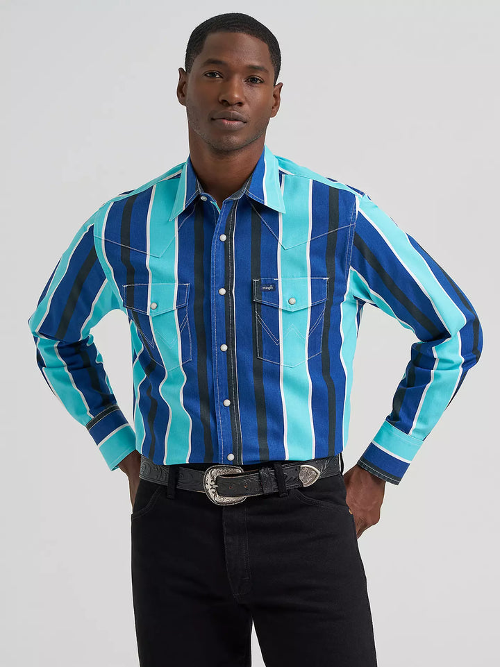 Wrangler | Vintage Brushpopper Cobalt Storm Stripe Western LS Shirt
