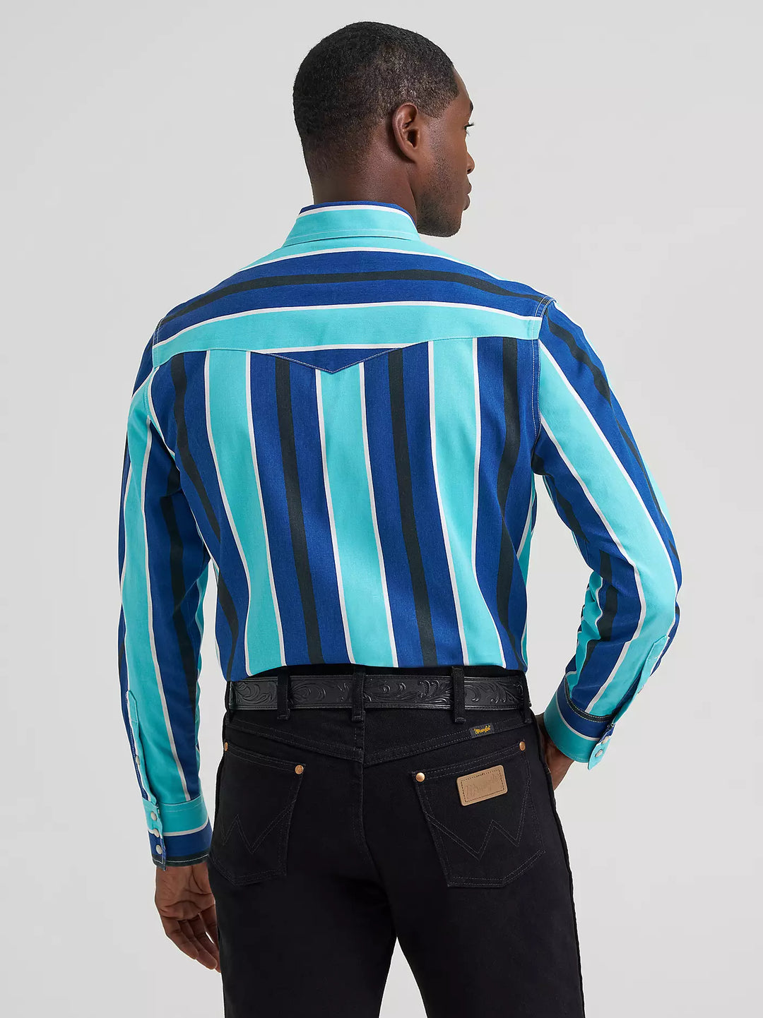 Wrangler | Vintage Brushpopper Cobalt Storm Stripe Western LS Shirt | Back View