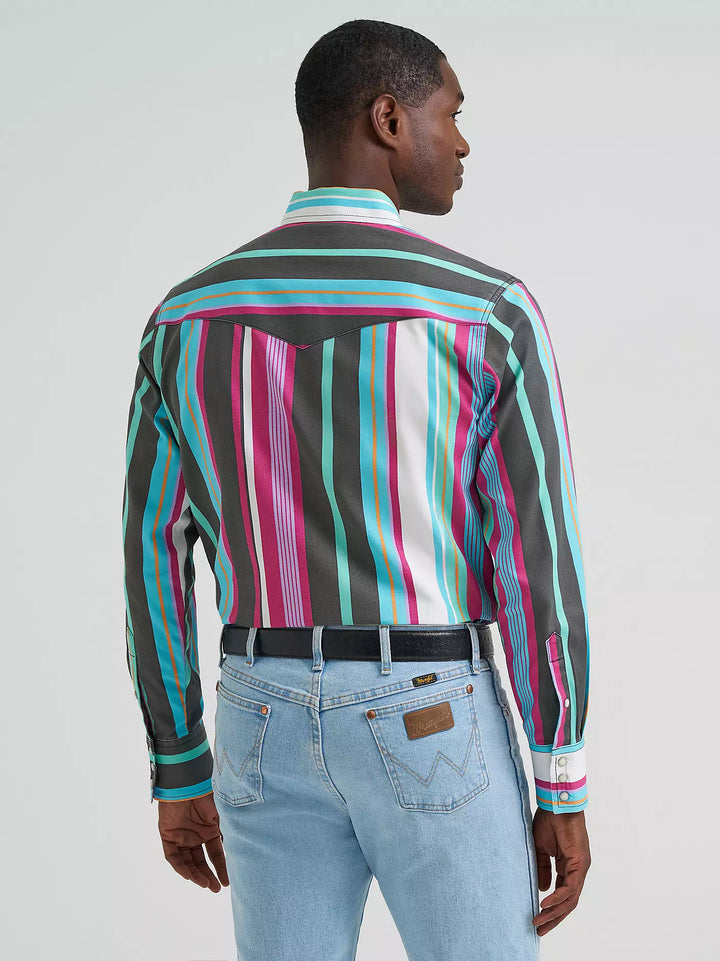 Wrangler | Vintage Brushpopper Desert Dusk Stripe Western LS Shirt | Back View