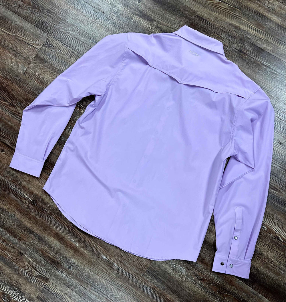 Back view Outpost Performance Lavender Pearl Snap LS Shirt
