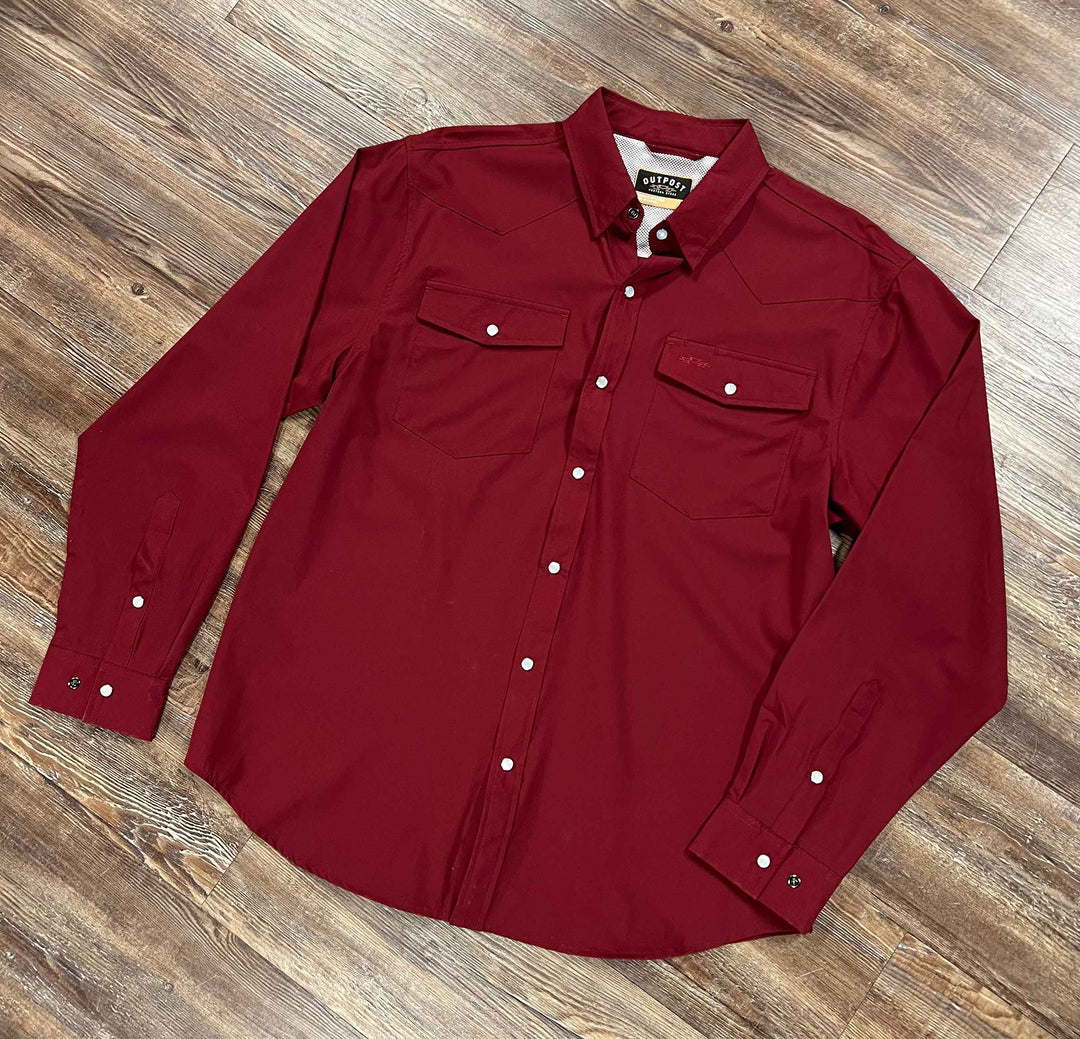 Outpost Performance Burgundy Pearl Snap LS Shirt Medium / Burgundy at Outpost Boots Outpost Performance Burgundy Pearl Snap LS Shirt Medium / Burgundy at Outpost Boots