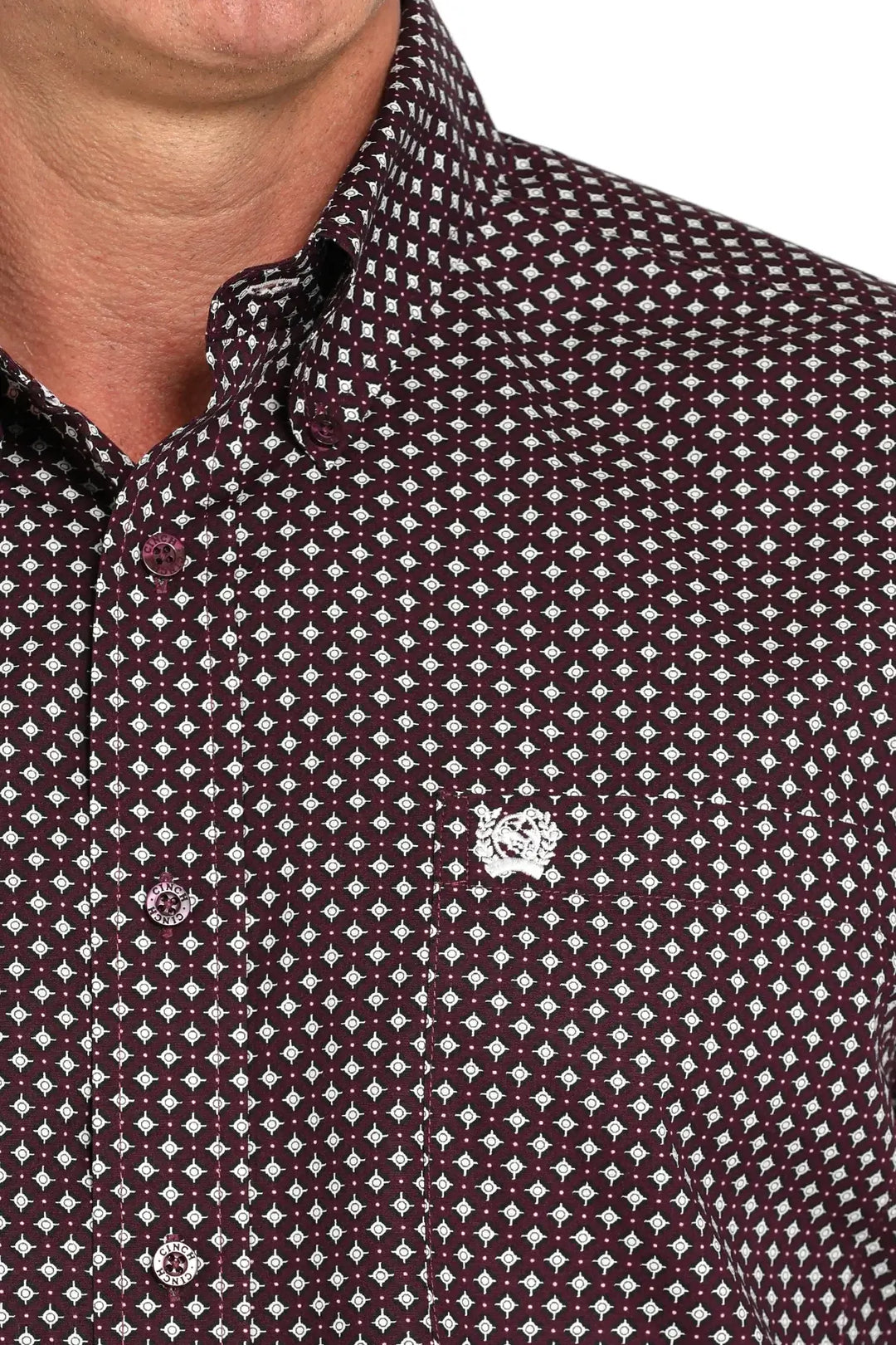 Cinch | Classic Purple/White Geometric Print LS Shirt Close Up View
