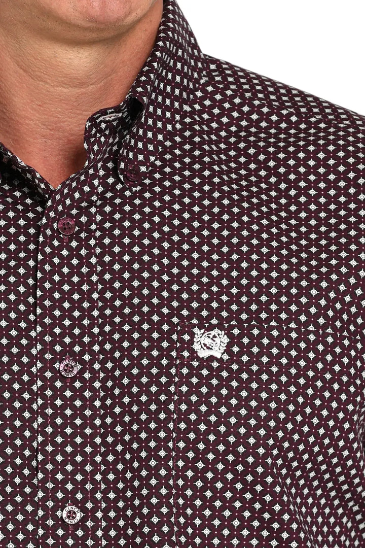 Cinch | Classic Purple/White Geometric Print LS Shirt Close Up View