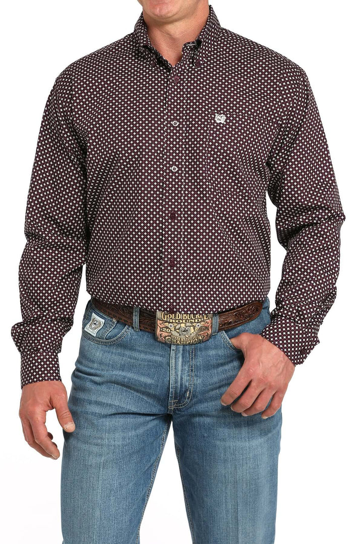 Cinch | Classic Purple/White Geometric Print LS Shirt