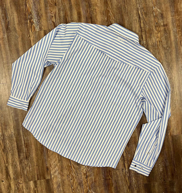 Back View Outpost  Performance Blue Stripe Pearl Snap Long Sleeve Shirt