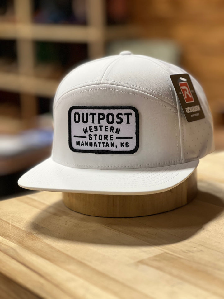 All white Richardson 169 cap with black/white Outpost Western Store patch