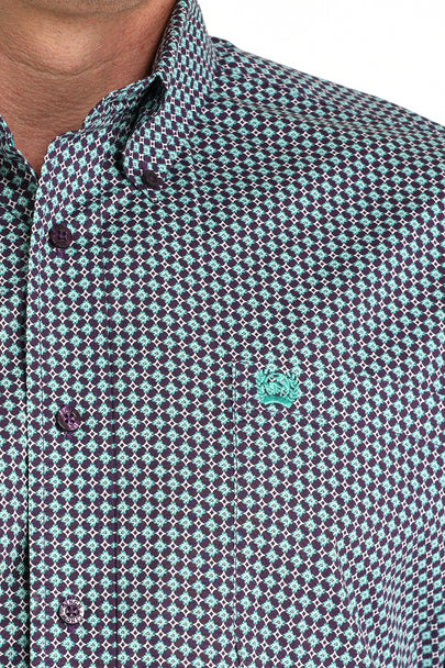 Cinch | Classic Purple/Teal Geometric Print LS Shirt close up