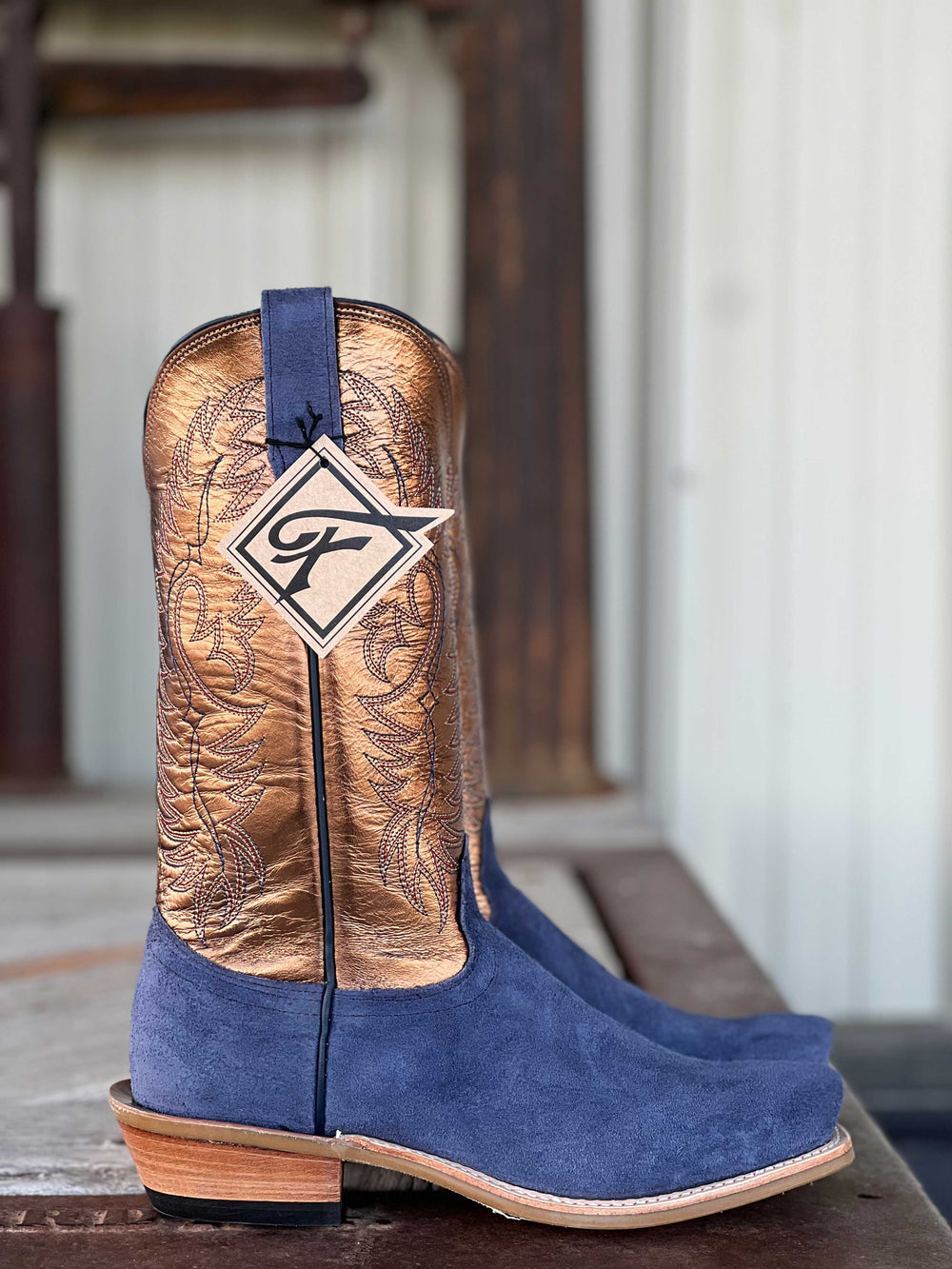 Side View Fenoglio Boot Co. | Navy Roughout w/ Bronze Boot
