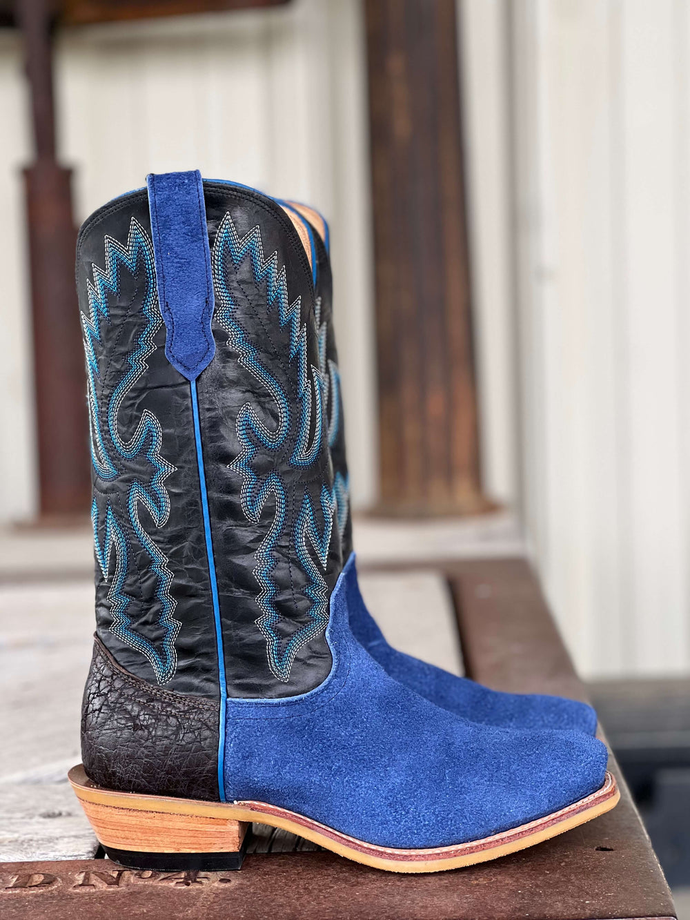 Side View Fenoglio Boot Co. | Ocean Blue Roughout w/ Elephant Counter