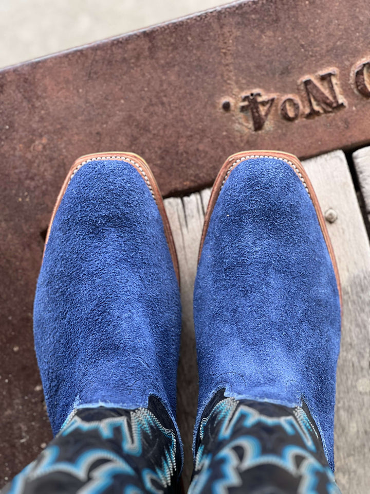 Toe View Fenoglio Boot Co. | Ocean Blue Roughout w/ Elephant Counter