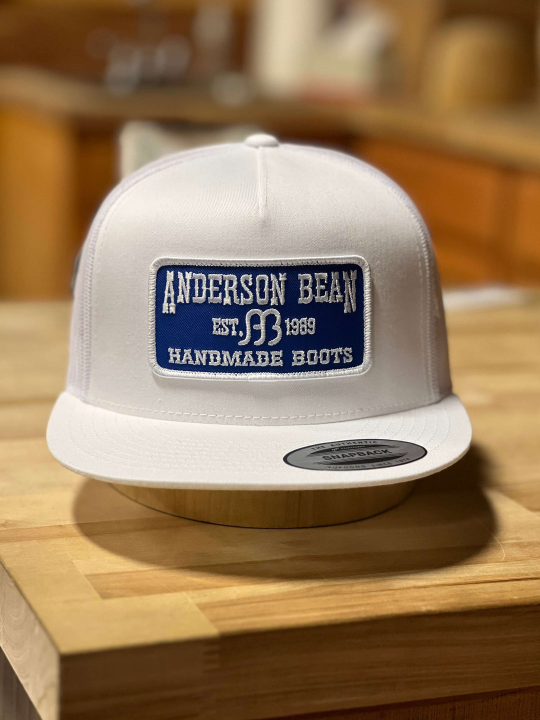 Anderson Bean Handmade Boots Snapback Hat, white with blue and white logo patch