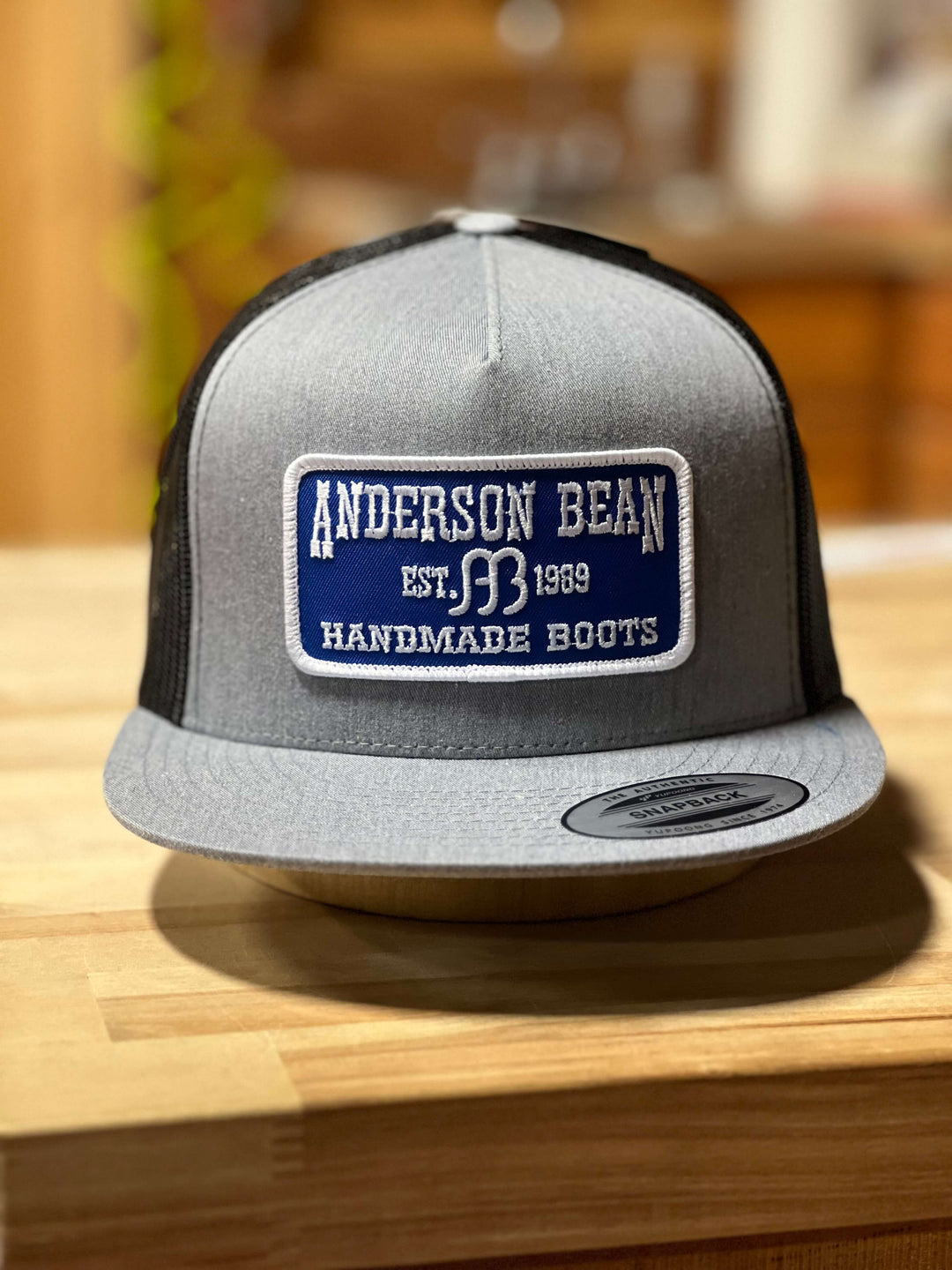 Anderson Bean Handmade Boots Snapback hat, grey front, black mesh