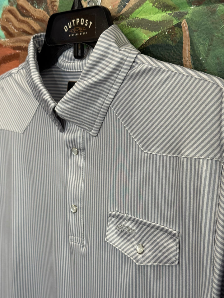 Outpost Performance Grey Pinstripe Polo Shirt | Close Up