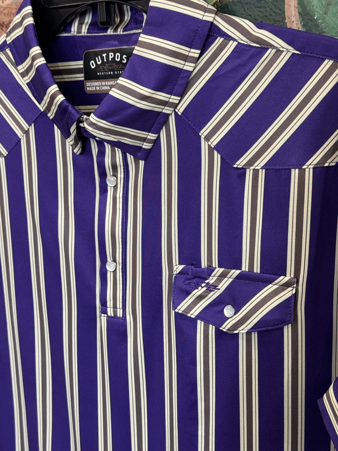 Outpost Performance Purple/Grey Stripe Polo Shirt | Close Up