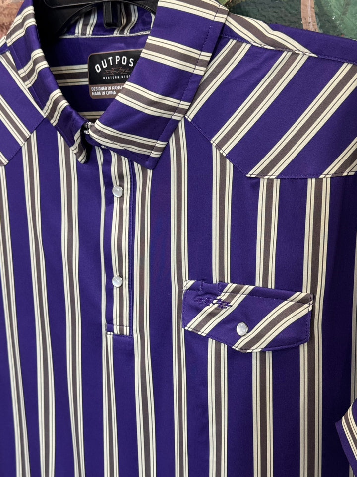 Outpost Performance Purple/Grey Stripe Polo Shirt | Close Up