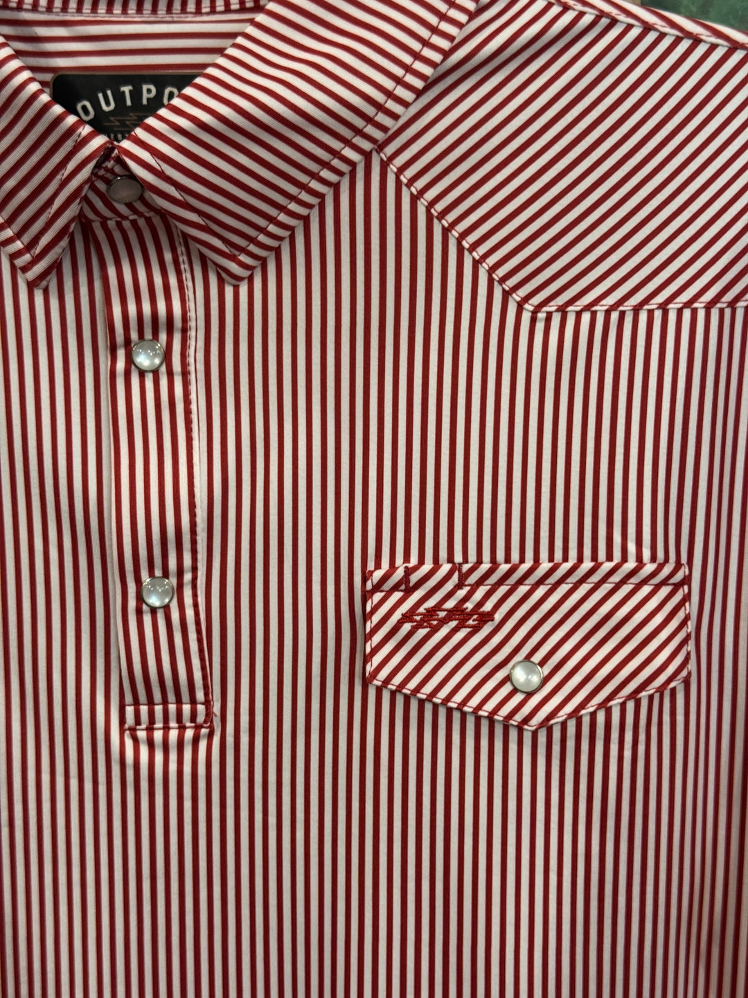 Outpost Performance Red Pinstripe Polo Shirt | Close Up