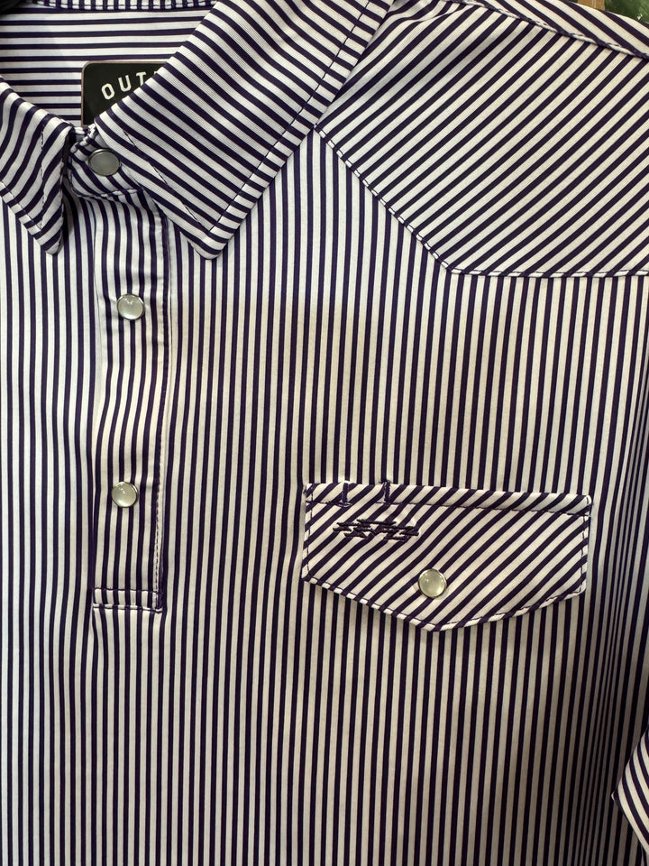 Outpost Performance Purple Pinstripe Polo Shirt | Close Up
