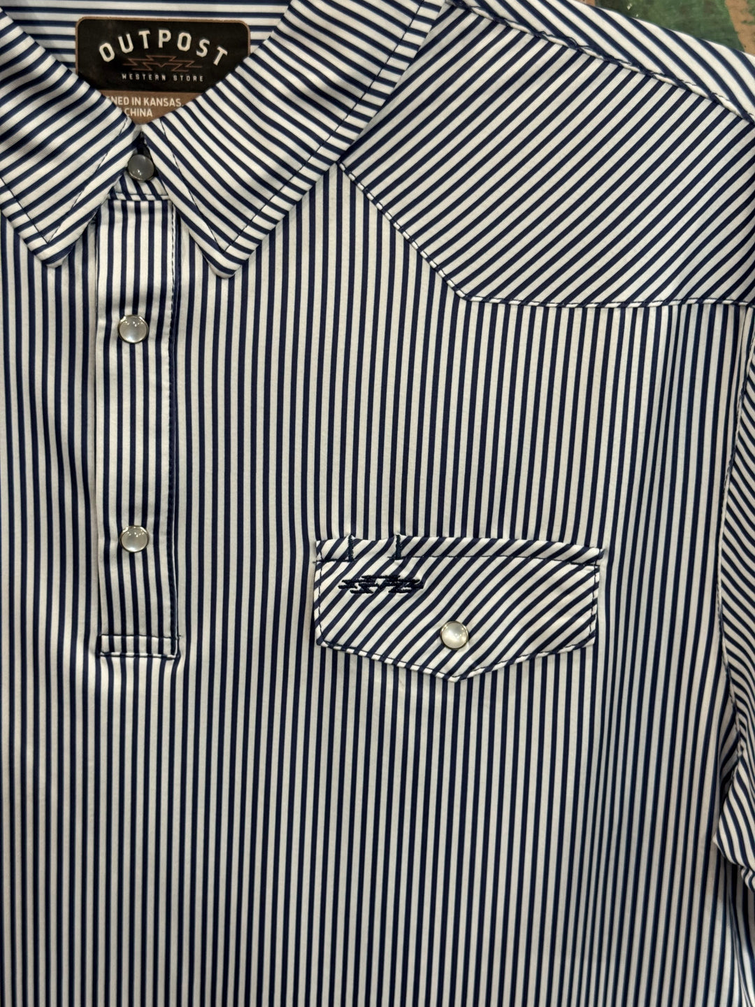 Outpost Performance Navy Pinstripe Polo Shirt | Close Up