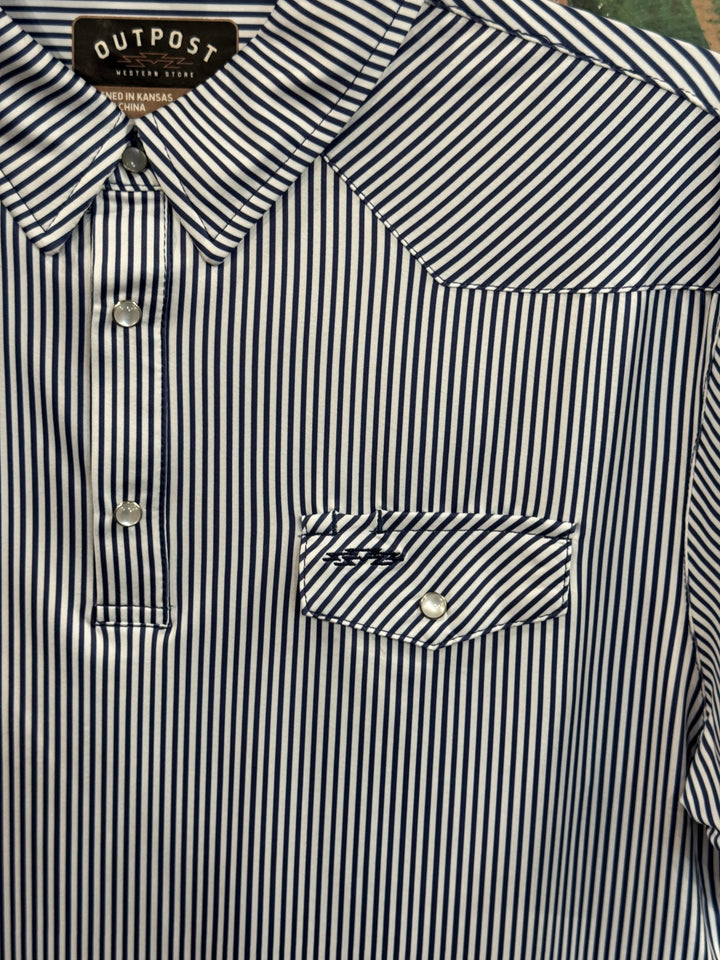 Outpost Performance Navy Pinstripe Polo Shirt | Close Up