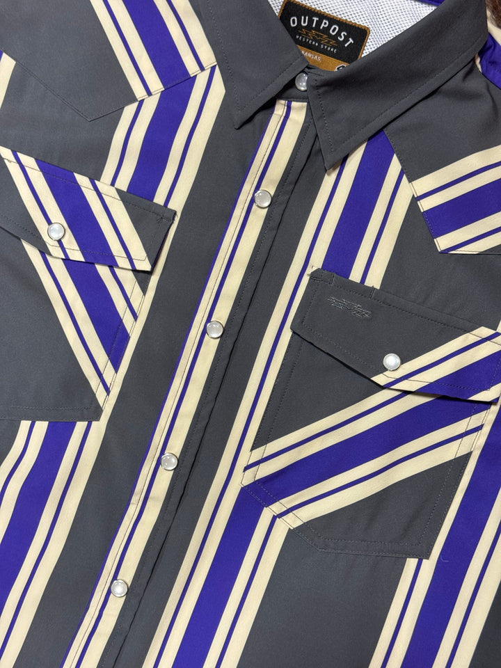 Outpost Performance Purple Vintage Pearl Snap LS Shirt | Close Up