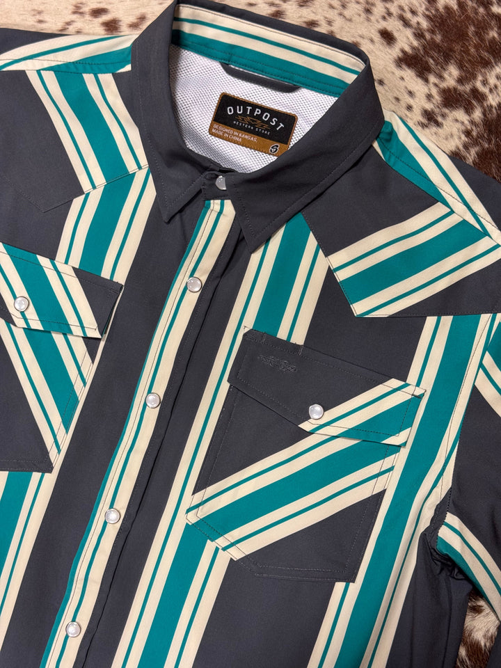 Outpost Performance Green Old School Pearl Snap LS Shirt| Close up