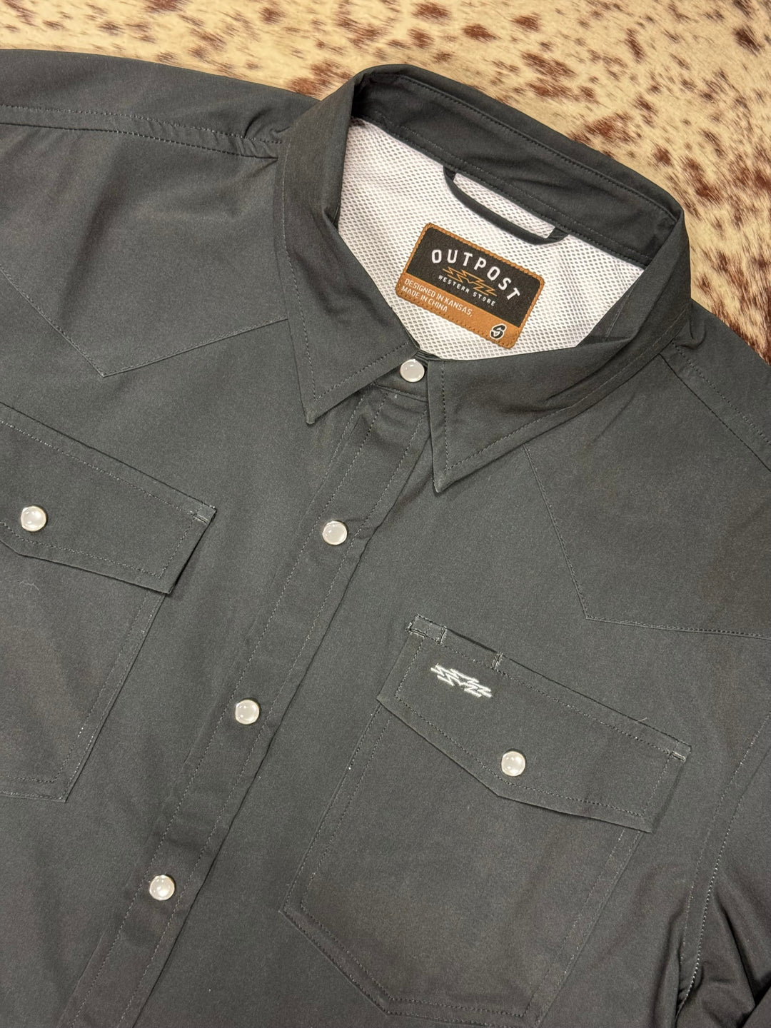 Outpost Performance Charcoal Pearl Snap LS Shirt | Close Up