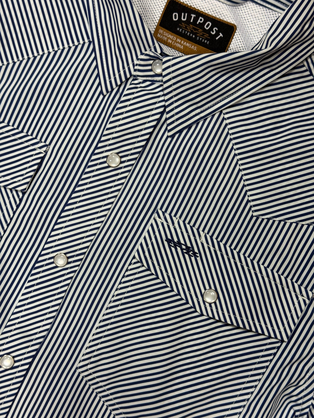 Outpost Performance Navy Pinstripe Pearl Snap LS Shirt | Close Up