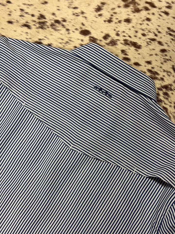 Outpost Performance Navy Pinstripe Pearl Snap LS Shirt | Back View