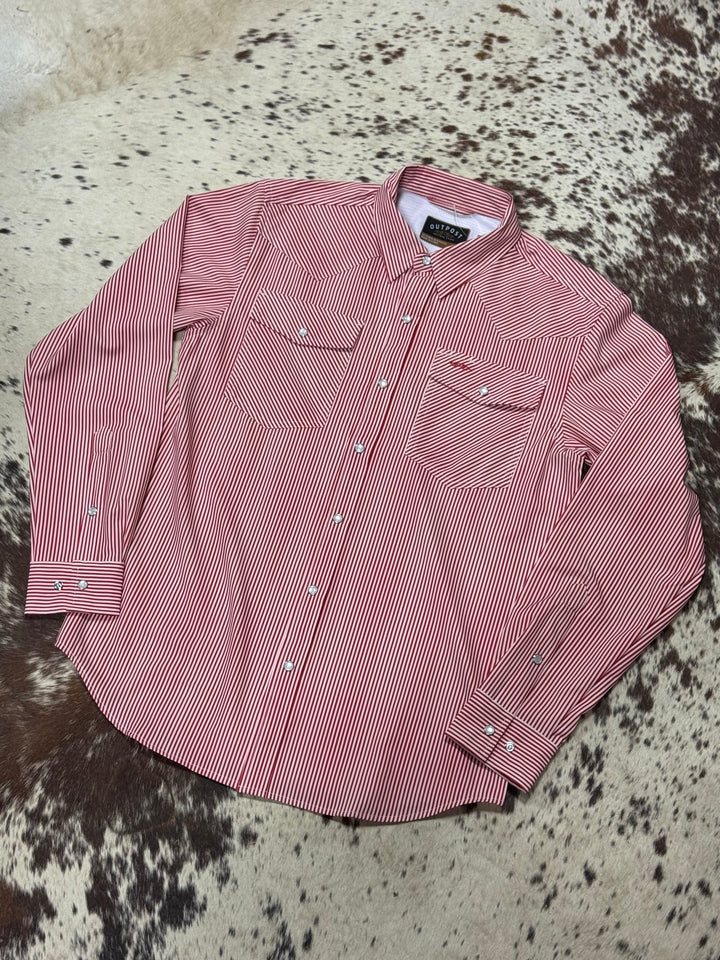 Outpost Performance Red Pinstripe LS Pearl Snap Shirt