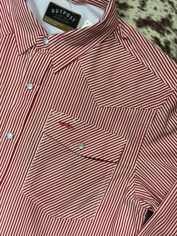 Outpost Performance Red Pinstripe LS Pearl Snap Shirt | Close Up