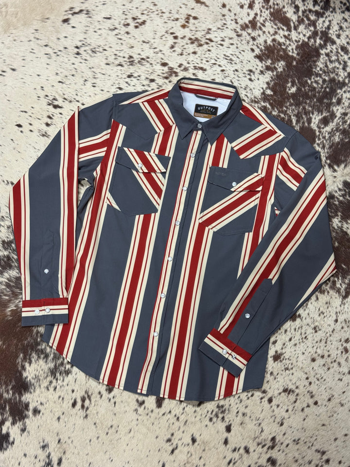 Outpost Performance Red Vintage Stripe LS Pearl Snap Shirt