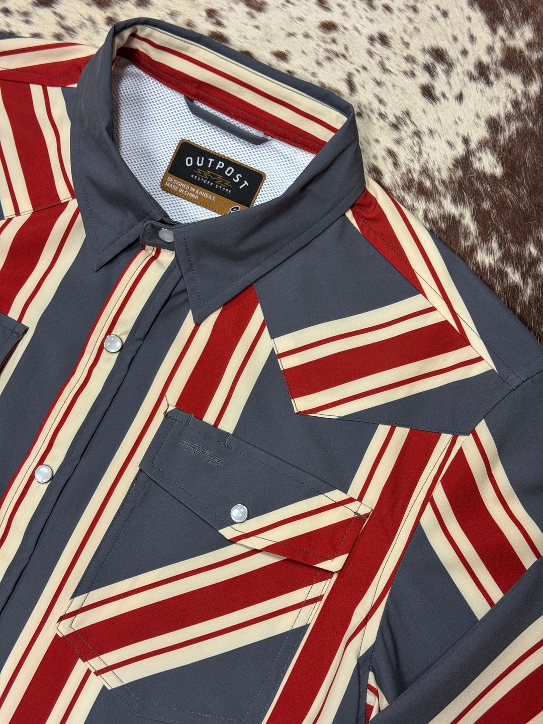 Outpost Performance Red Vintage Stripe LS Pearl Snap Shirt | Close Up