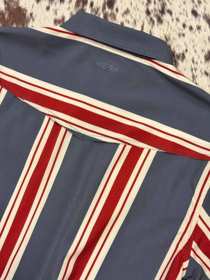 Outpost Performance Red Vintage Stripe LS Pearl Snap Shirt | Back View