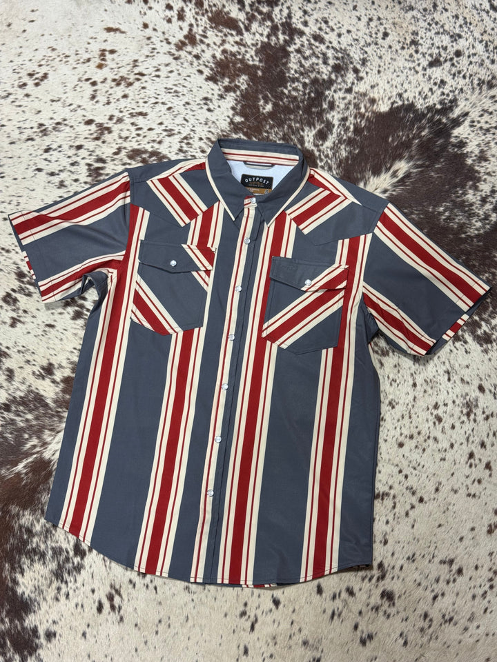 Outpost Performance Red Vintage Stripe SS Pearl Snap Shirt
