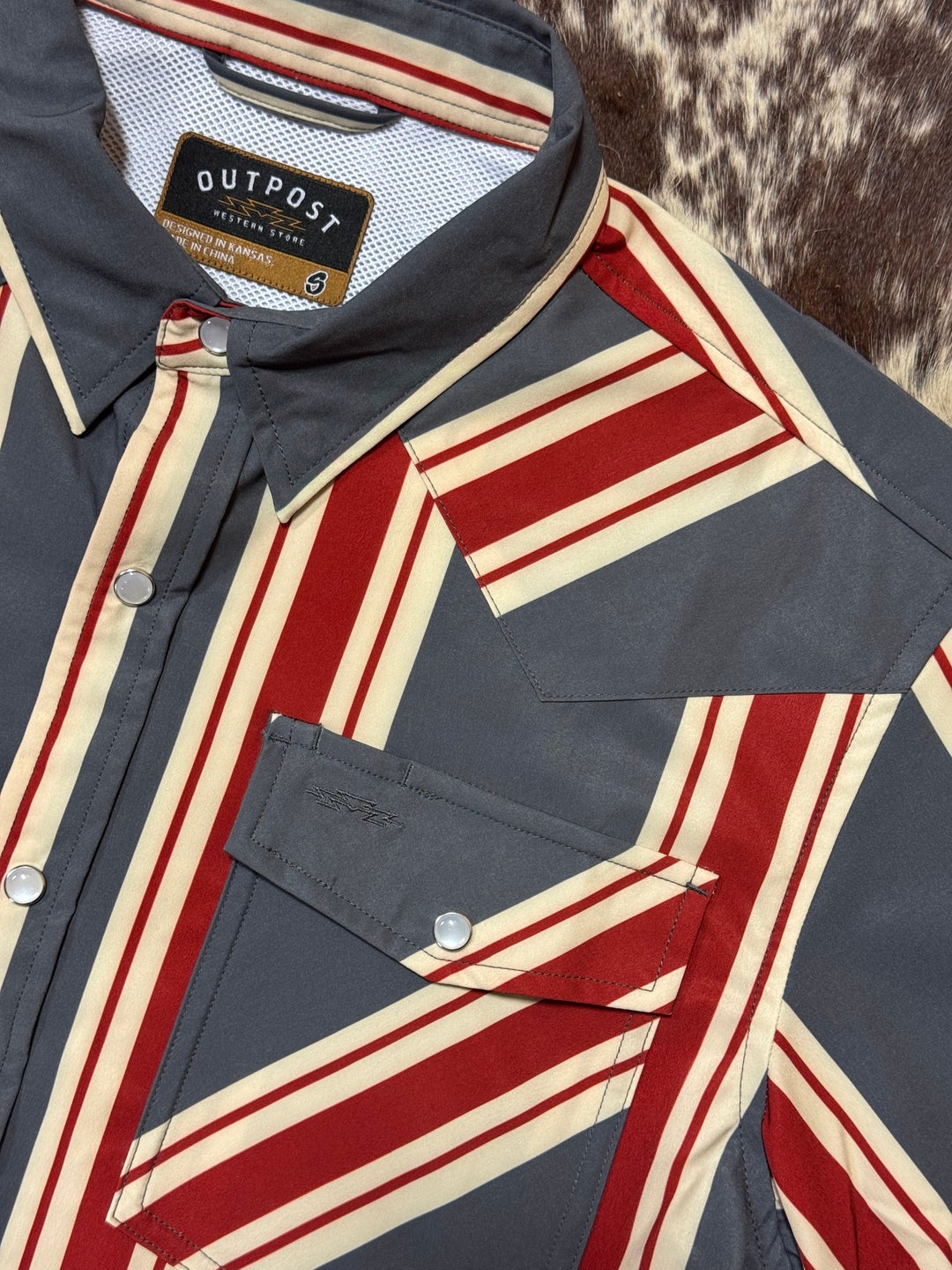 Outpost Performance Red Vintage Stripe SS Pearl Snap Shirt