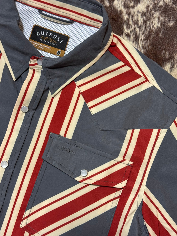 Outpost Performance Red Vintage Stripe SS Pearl Snap Shirt