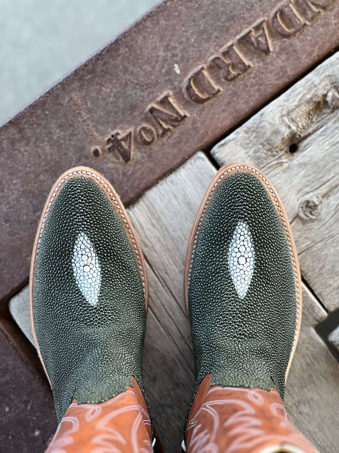 Fenoglio Boot Co. | Green Pearl Stingray Boot | Toe View