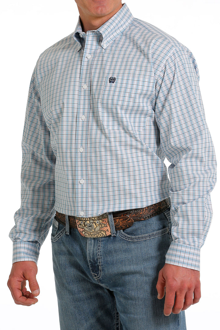 front view Cinch | White & Teal Plaid LS Shirt