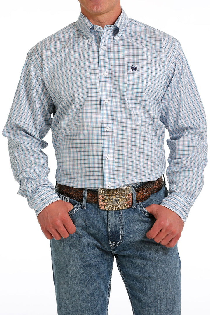 full front view Cinch | White & Teal Plaid LS Shirt