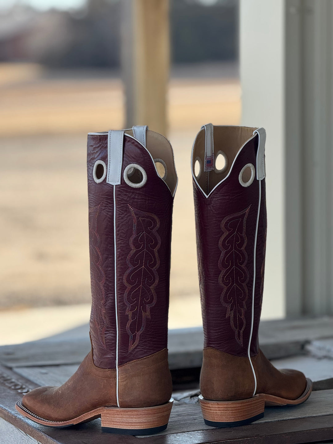 Olathe Boot Co. | Natural Brahma Bison/Sangria Tall Top Boot | Back View