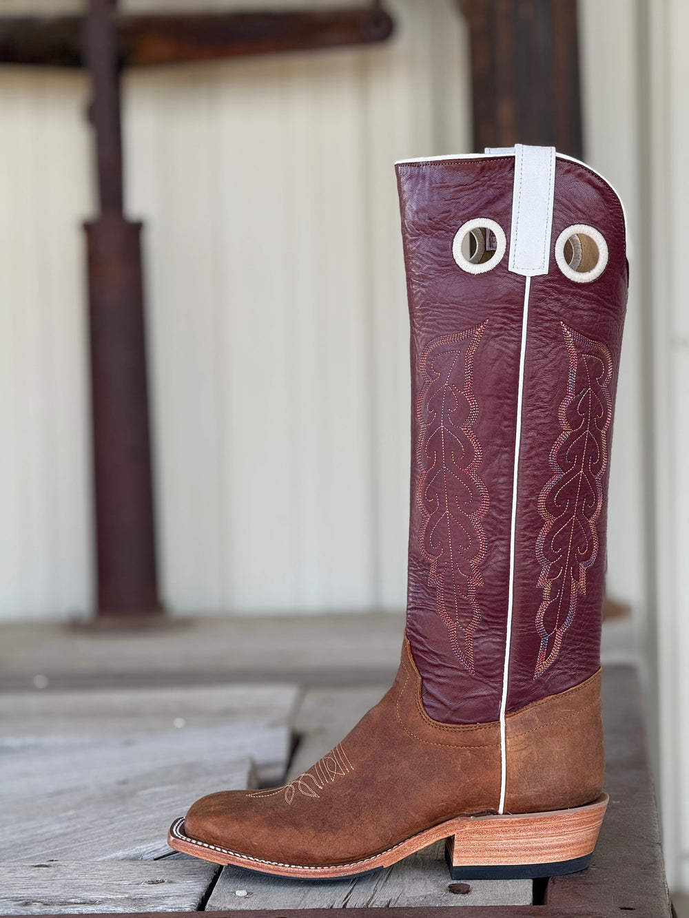 Olathe Boot Co. | Natural Brahma Bison/Sangria Tall Top Boot | Side View