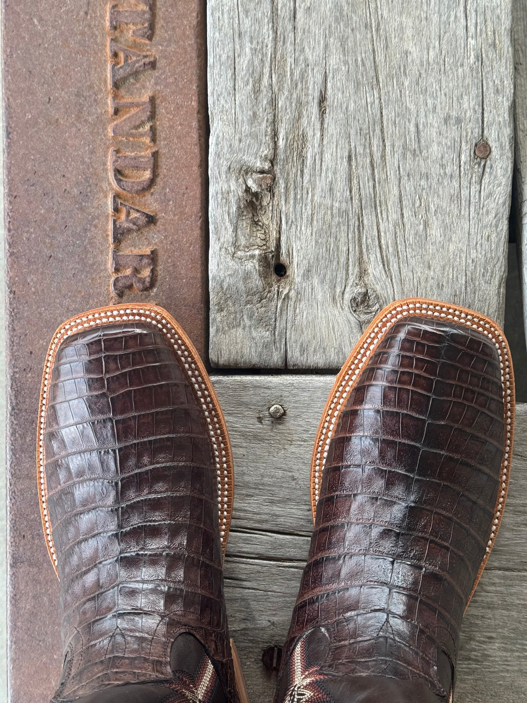 HYER Boot Co. | Russell Waxy Coffee Caiman Belly Boot | Toe View