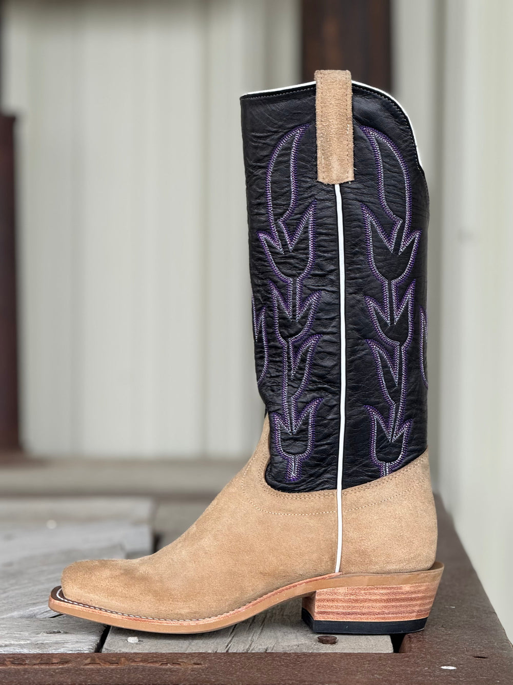 Olathe Boot Co. | Teak Crazyhorse Roughout/Black Kidskin Boot | Side View