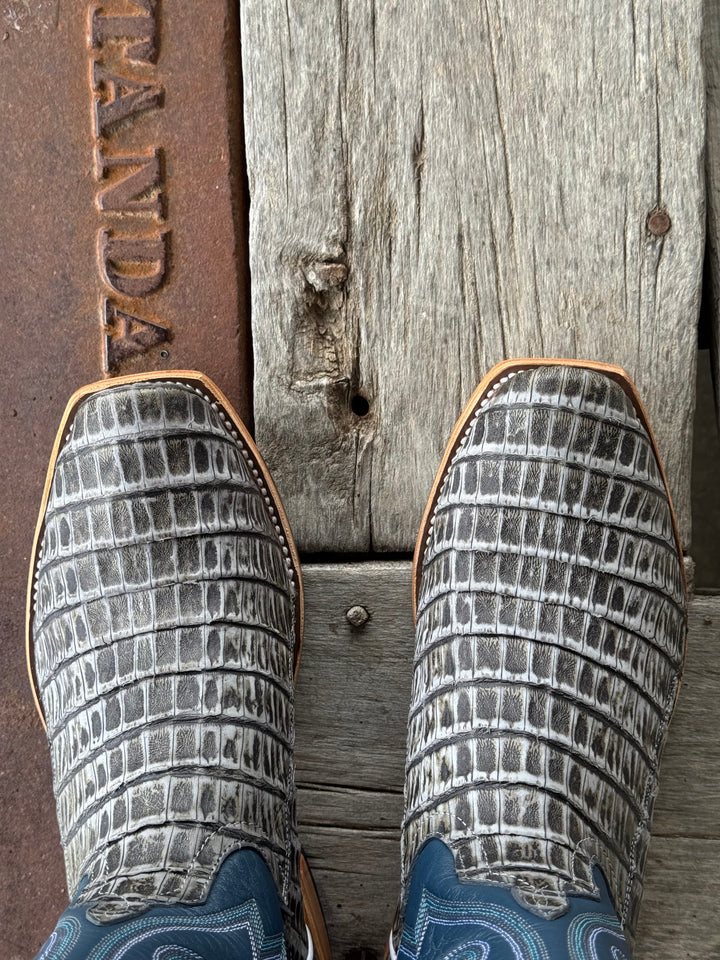 Horse Power Top Hand | Black Grey TK Toe Caiman Tail Boot | Toe View