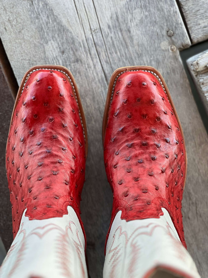 Toe View Fenoglio Boot Co. | Red Bruciato Full Quill Ostrich Boot