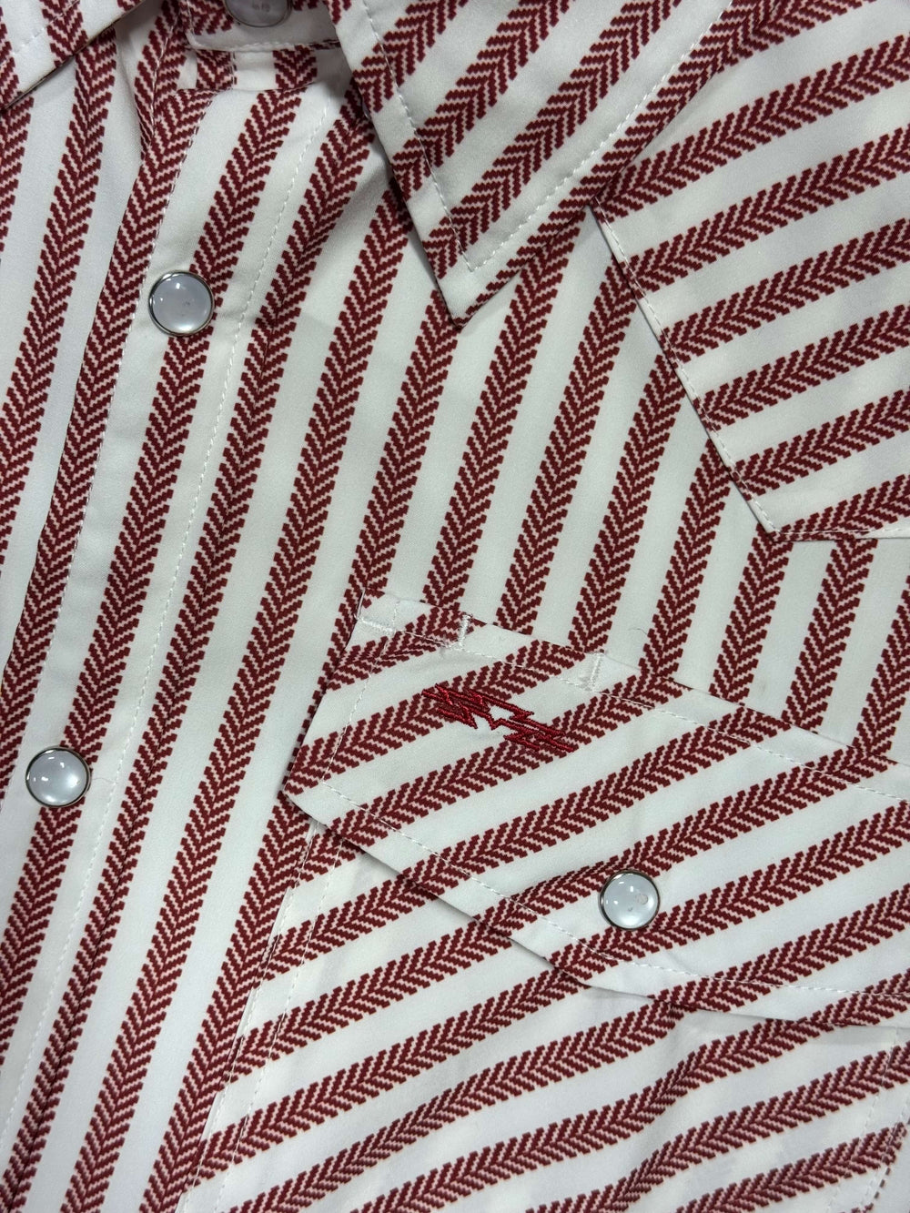 Outpost Performance Red Stripe Pearl Snap LS Shirt | Close Up