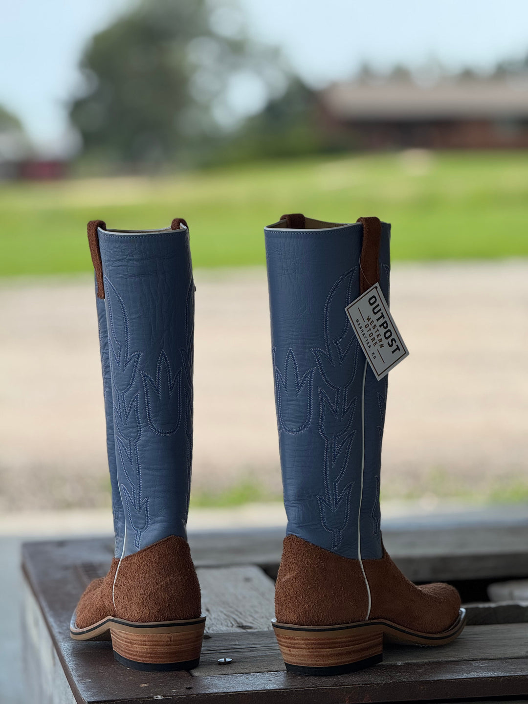 Olathe Boot Co. | Brown Mule Roughout O Toe Boot | Back View