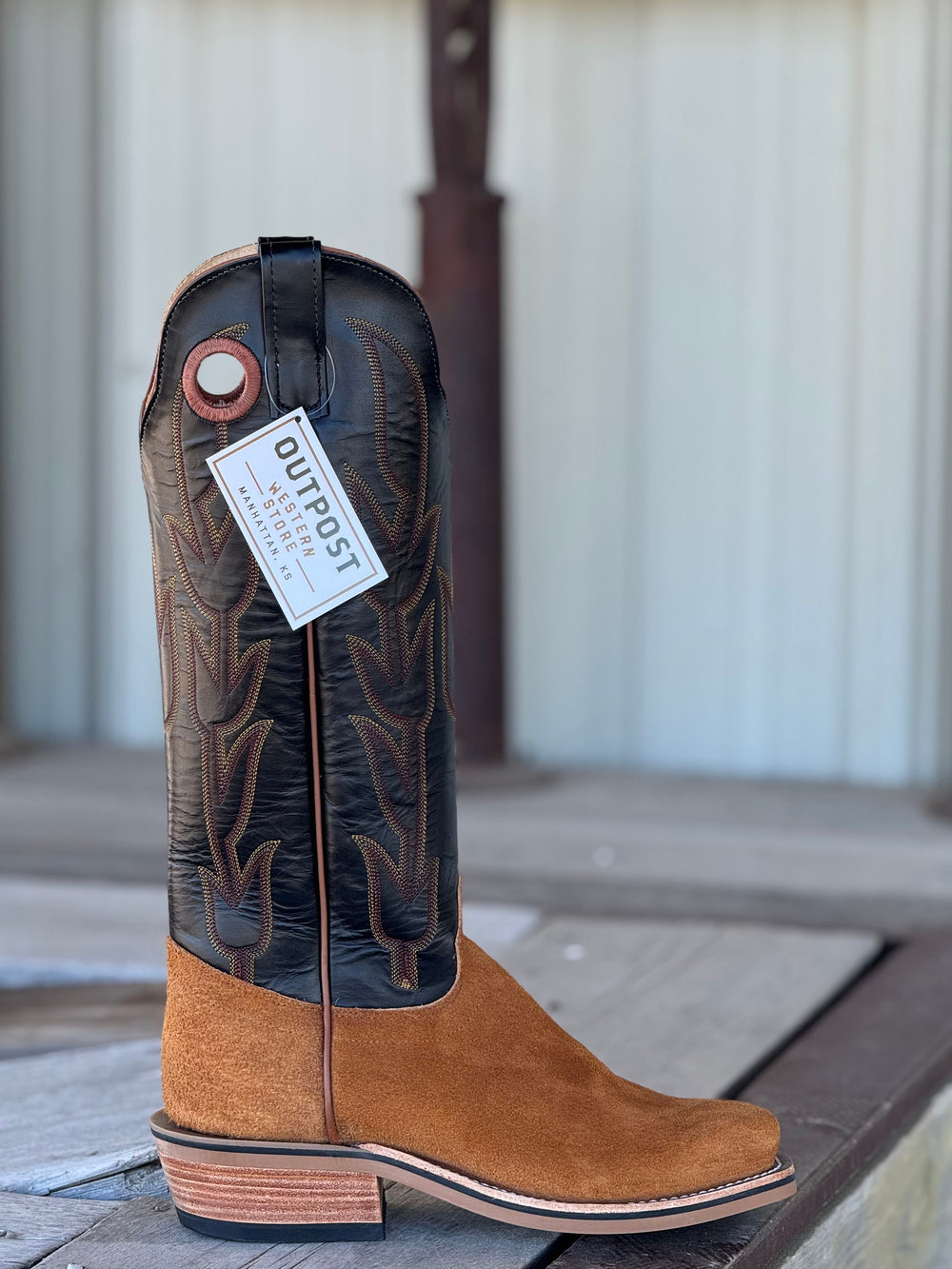 Olathe Boot Co. | Rust Crazyhorse Roughout/Black Glove Boot | Side View